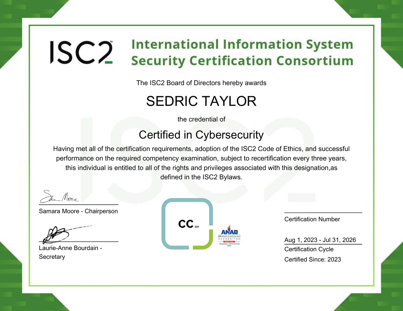 Certified in Cybersecurity (CC) certificate