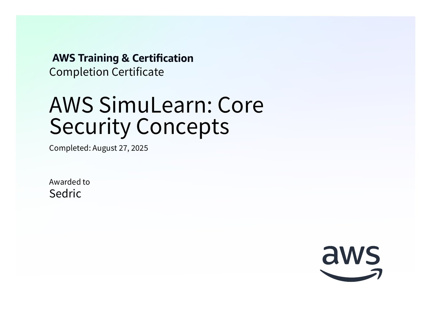AWS SimuLearn: Core Security Concepts certificate