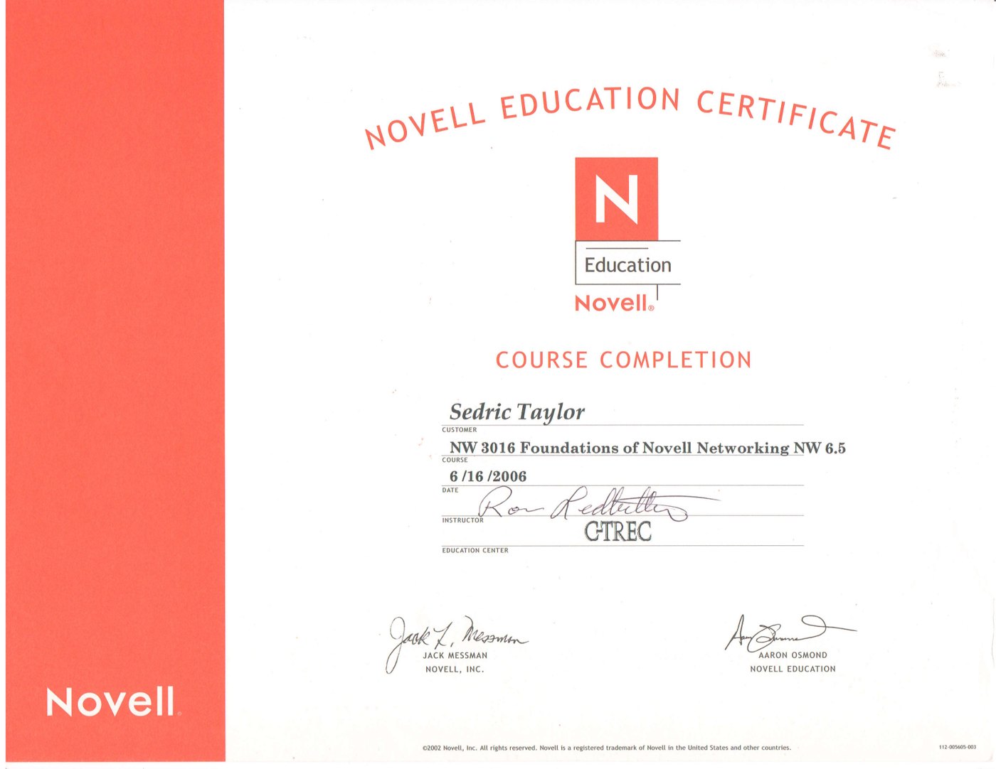 Foundations of Novell Networking NW 6.5 certificate